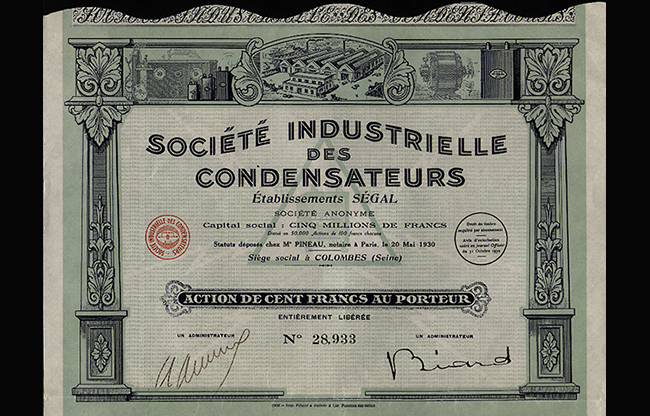 action société industrielle des condensateurs 1930.